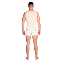 Back view of man wearing Lipoelastic MTmL Comfort beige compression vest”