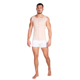 Full body view of man modeling Lipoelastic MTmL Comfort beige compression vest for men
