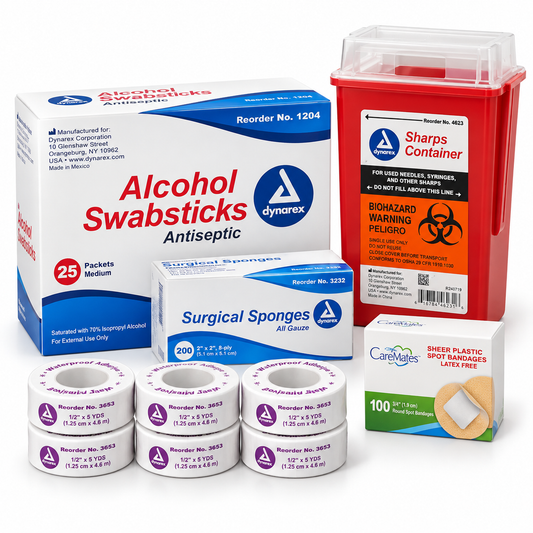 Dynarex Injection and Procedure Room Refill Bundle with upright 2-quart sharps container, alcohol swabsticks, gauze sponges, spot bandages and waterproof adhesive tape.