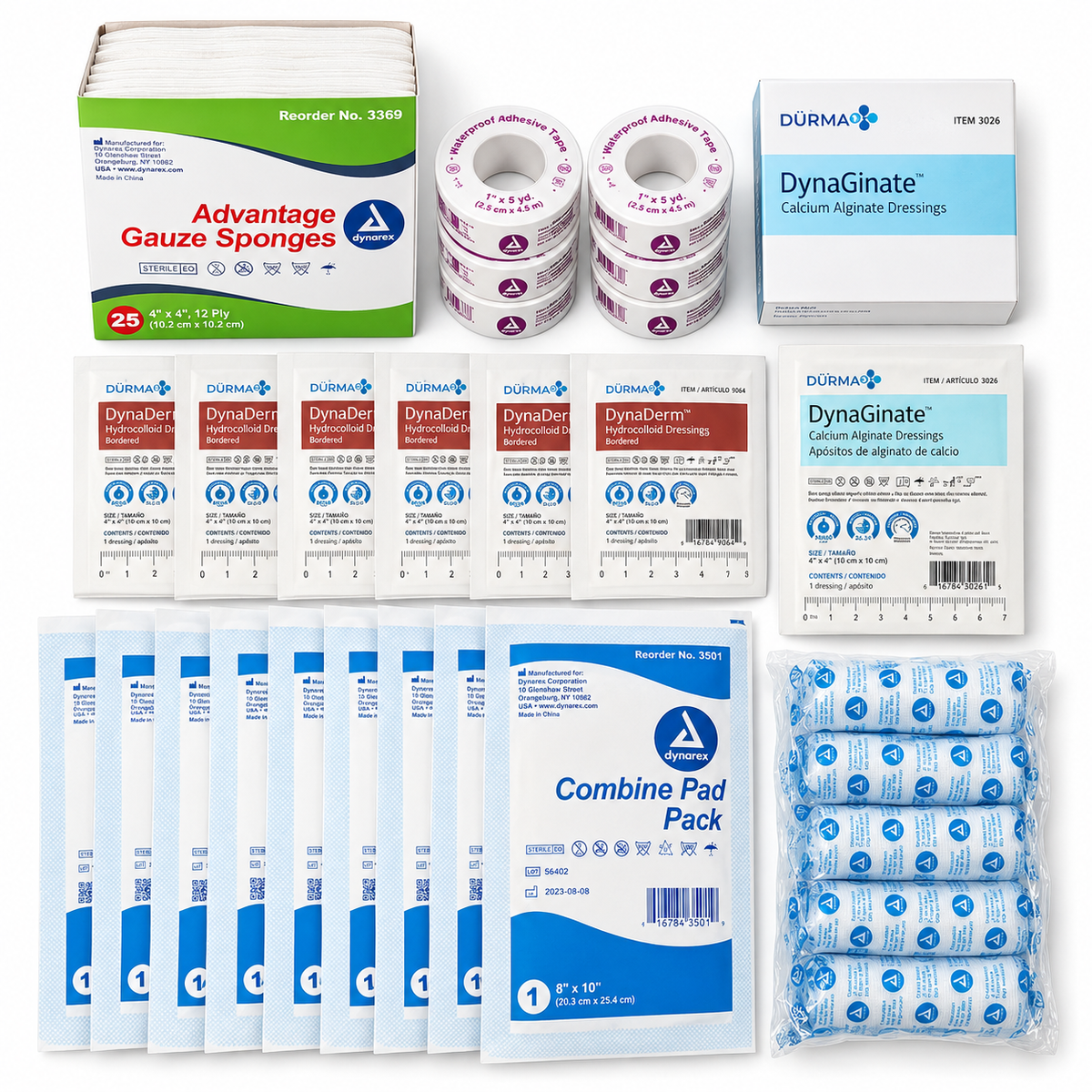 Advanced wound care refill bundle with Dynarex dressings, gauze sponges, combine pads, waterproof tape and stretch gauze.