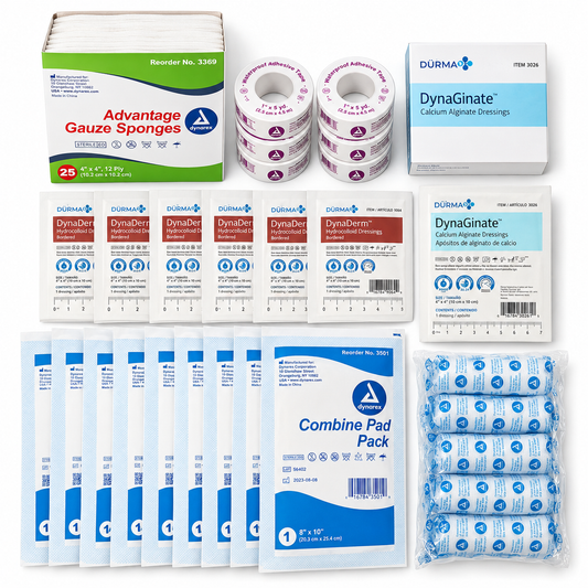 Advanced wound care refill bundle with Dynarex dressings, gauze sponges, combine pads, waterproof tape and stretch gauze.