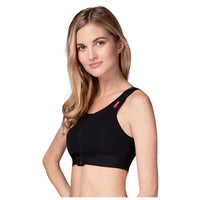 Woman wearing LIPOELASTIC PI Special black post-operative compression bra