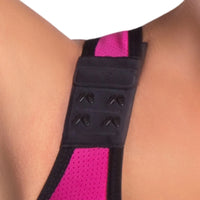Close-up of adjustable shoulder strap with hooks on LIPOELASTIC PI Unique post surgery bra