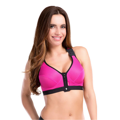 Close-up of woman in LIPOELASTIC PI Unique post op bra, pink with black trim