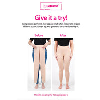Lipoelastic TB Variant compression pants before and after try-on demonstration showing fit and stretch.