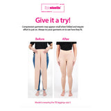 Lipoelastic compression garment try-on comparison showing before and after fit demonstration.