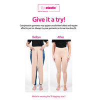 Lipoelastic compression garment before and after try-on comparison showing fit when worn.