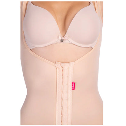 Front view of Lipoelastic VF body BBO Variant nude compression garment with hook-and-eye closure under bust, designed for post-op BBL and tummy tuck recovery.