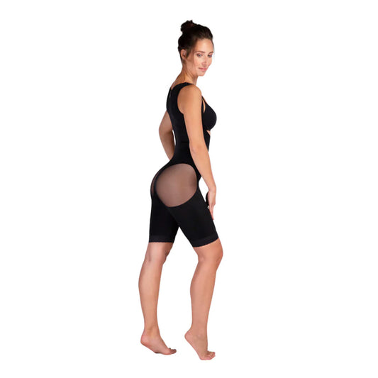 Lipoelastic VF body BBC Variant post-op compression garment in black with mesh buttock support, designed for BBL, tummy tuck, and liposuction recovery.