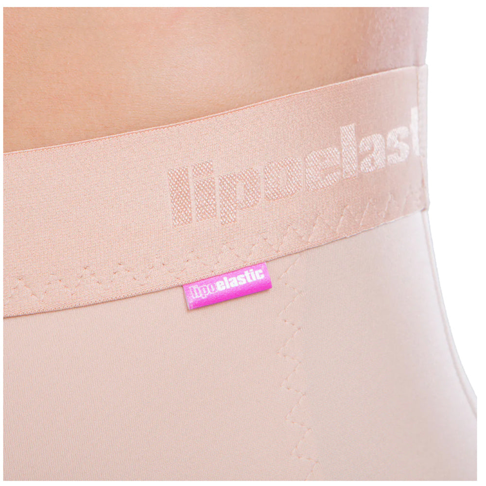 Close-up of Lipoelastic VH girdle waistband in nude with logo and reinforced stitching for secure fit.