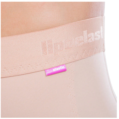 Close-up of Lipoelastic VH girdle waistband in nude with logo and reinforced stitching for secure fit.