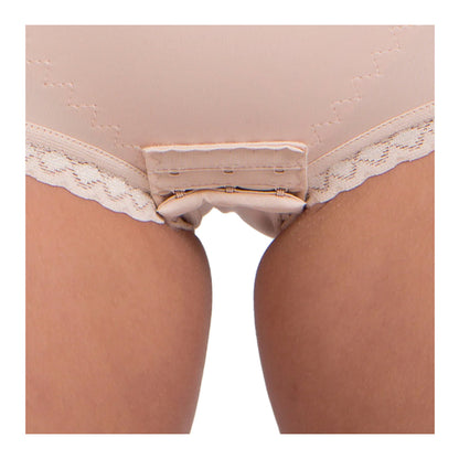 Close-up of Lipoelastic VH nude pull-on compression girdle with hygienic crotch opening and adjustable hook fastenings.