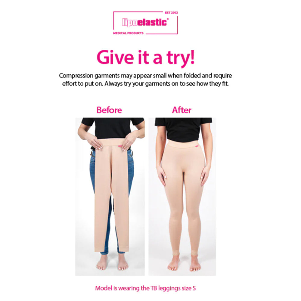 Lipoelastic compression garment before and after try-on comparison, showing stretch fit when worn.