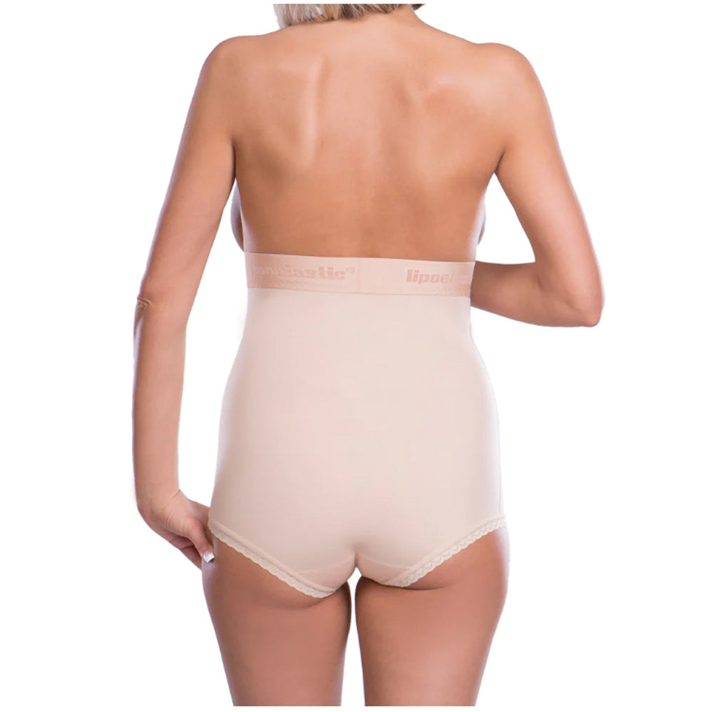Back view of Lipoelastic VH nude pull-on post-op compression girdle with wide under-bust band.
