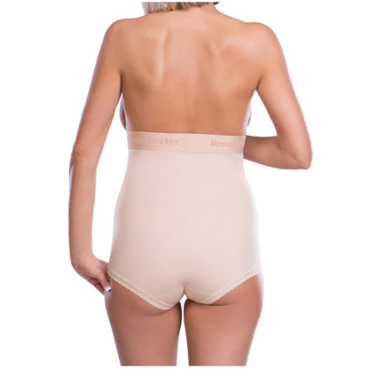 Back view of Lipoelastic VH nude pull-on post-op compression girdle with wide under-bust band.