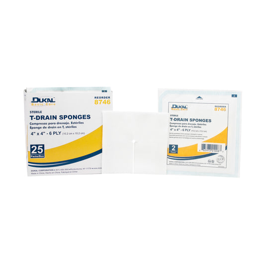 Basic Care T-Drain Sponge, Sterile, 4"x4", 6-ply