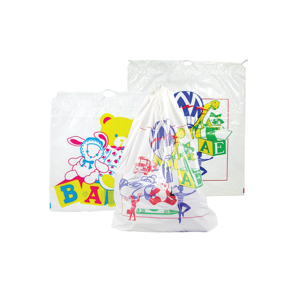 Drawstring Bag, Childs Design, white, 4-color design, 11" x 17" (+4"), 1.5 mil.