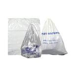 Patient Beloging Bag, white w/ blue print, drawstring, 20" x 20" (+4"), 1.3 mil.