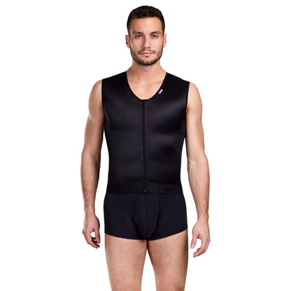 Front view of man wearing Lipoelastic MTm Comfort men’s post-surgery compression vest in black