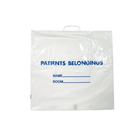 Patient Belonging Bag, white w/ blue print, plastic handle, 20" x 18.5" (+3.5"), 1.3 mil.