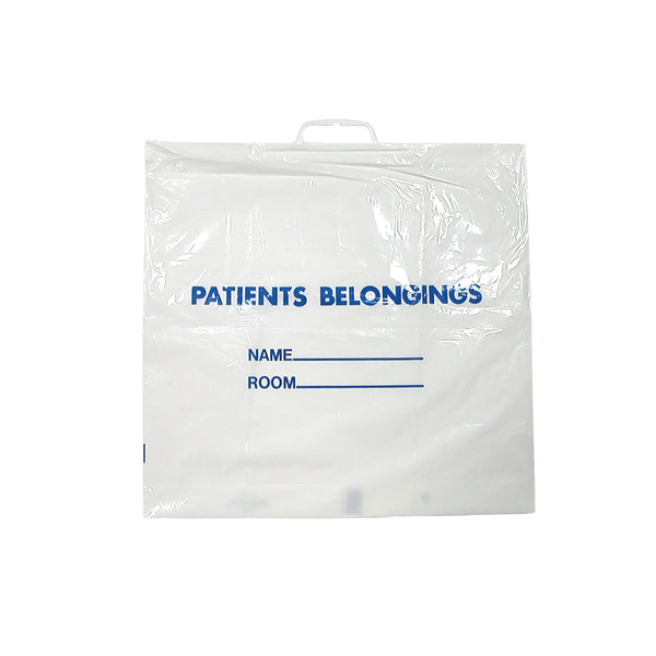Patient Belonging Bag, clear w/ blue print, plastic handle, 20" x 18.5" (+3.5"), 1.3 mil.