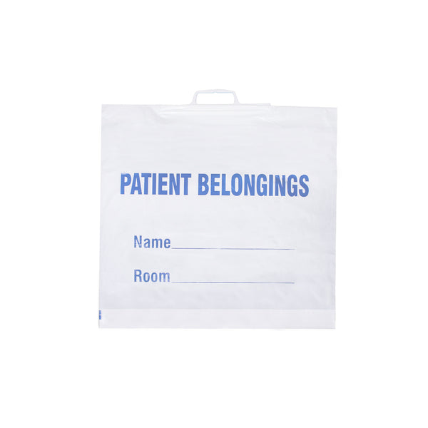 Patient Belonging Bag, white w/ blue print, large, plastic handle, 20" x 23" (+4), 3 mil.