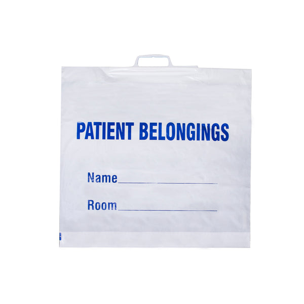 Patient Belonging Bag, white w/ 2-color nature design, plastic handle, 20" x 18.5" (+3.5"), 1.5 mil.