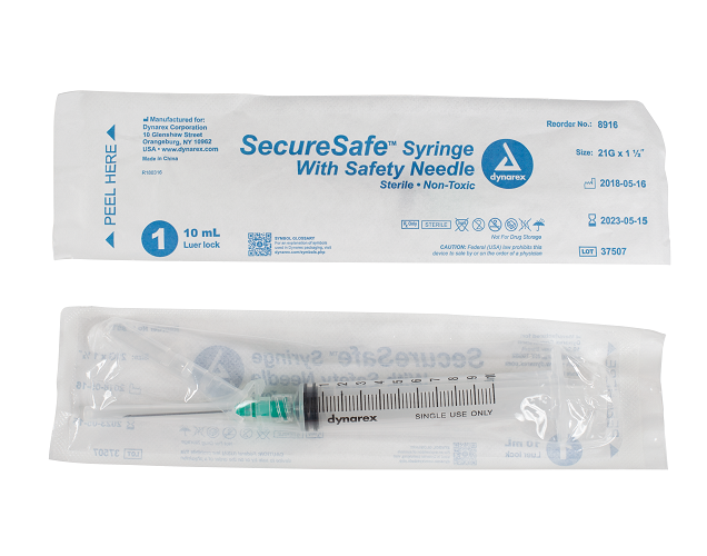 SecureSafe Syringe with Safety Needle - 10cc - 21G, 1.5