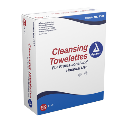 Dynarex - Cleansing Towelettes, 5" x 7", 10 Packs of 100 per Case (1000 Towels)