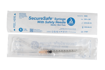 SecureSafe Syringe with Safety Needle - 1cc - 25G, 5/8" needle