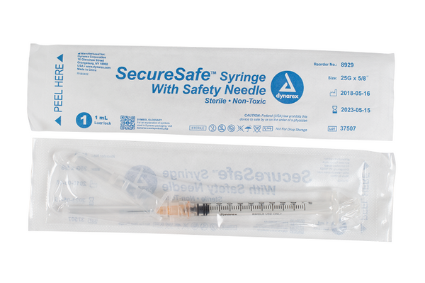 SecureSafe Syringe with Safety Needle - 1cc - 25G, 5/8