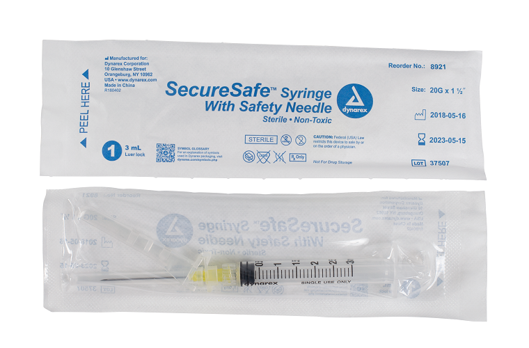 SecureSafe Syringe with Safety Needle - 3cc - 20G 1 1/2" needle