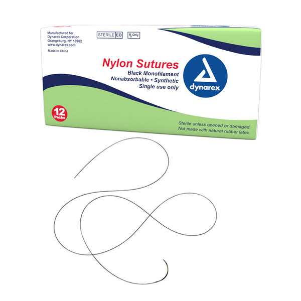 Dynarex - Nylon Sutures-Non Absorbable-Synthetic Black, 5-0, N-C6, L-18", 12/box