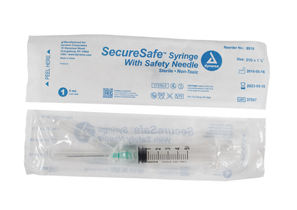 SecureSafe Syringe with Safety Needle - 5cc - 21G, 1.5" needle